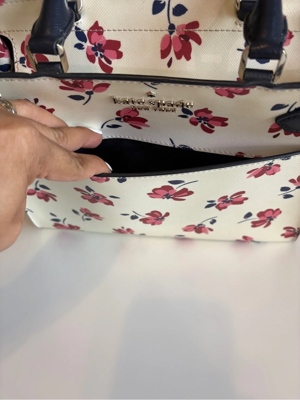 kate spade Cream Floral Satchel with Pink & Navy Accents